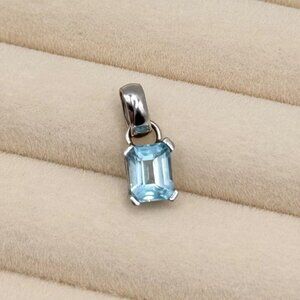 VTG Genuine Blue Topaz Pendant 3CT 18K White Gold Emerald Cut Prong No Chain